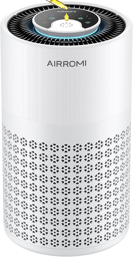 AIRROMI Air Purifier for Bedroom with HEPA 3-in-1 Filter, Pet Air Purifier for Home Cat Pee Smell, Covers Upto 990 Ft², Quiet 360° intake Air Cleaner for pet hair,allergies,Dust,Smoke A2001 White