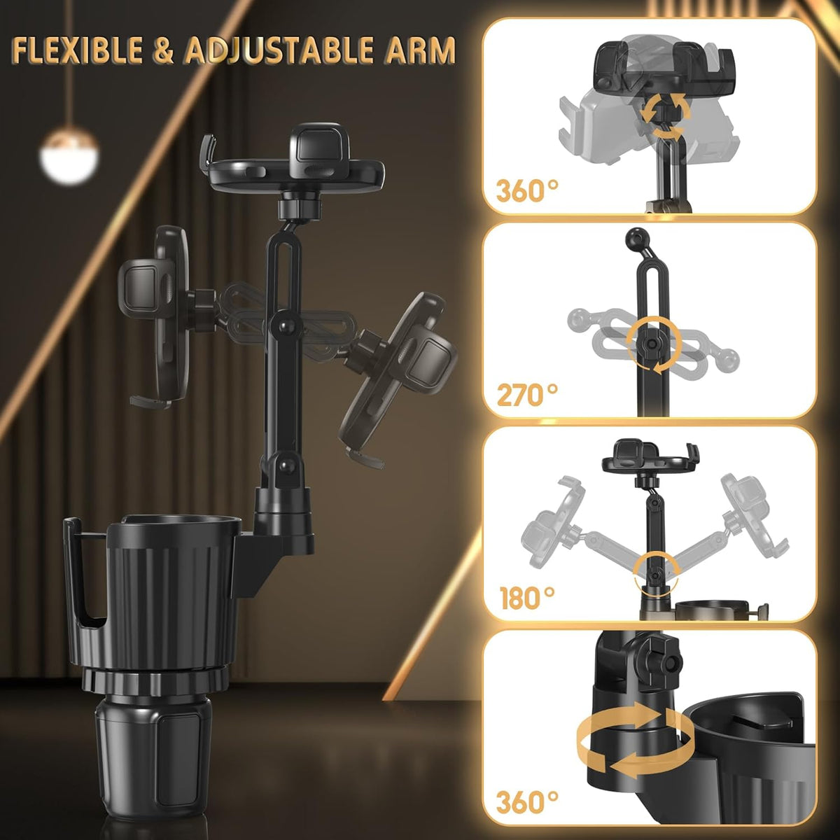 Phone Holders for Your Car, 2 in 1 Universal Cup Holder Expander Adjustable Base with Phone Mount, Long Arm with 360°Rotation Cup Holder Phones Mount for Car Compatible with All Smartphones