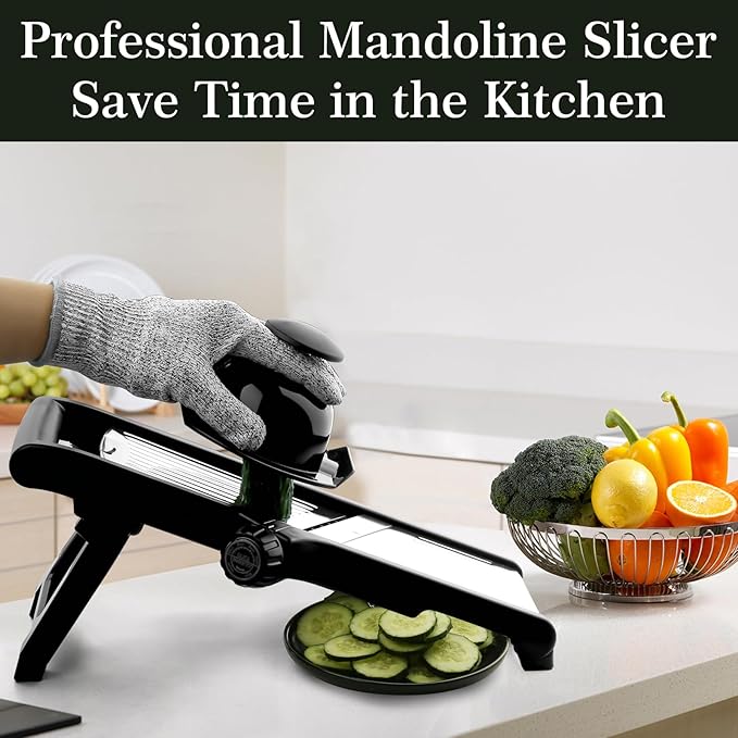 VEKAYA Mandoline Slicer for Kicthen,Adjustable Vegetable Slicer,Food Chopper,Potato Slicer,Mandolin,Tomato Slicer,Veggie Cutter,Stainless Steel Professional with Safety Gloves