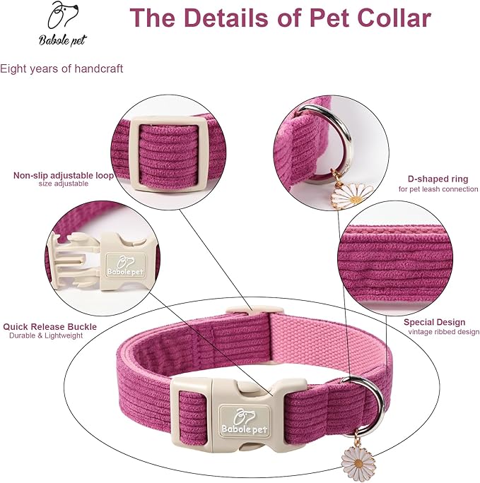 Cute Corduroy Dog Collar - Fuchsia Adjustable Dog Collars for X-Small Dogs 4-10lbs, Fade-Proof with Secure Snap & Little Charm, Christmas Birthday Gift, XS