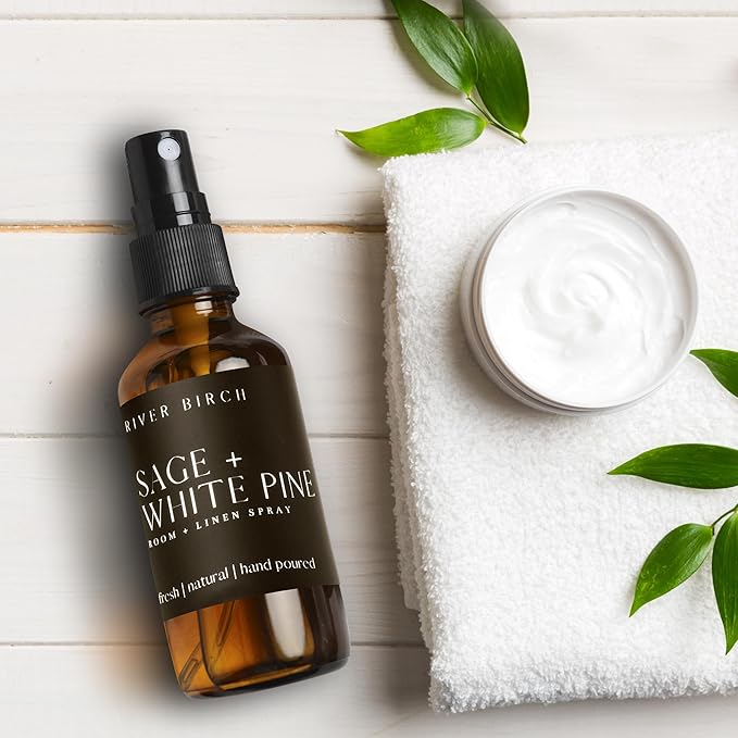 River Birch Luxury Linen and Room Spray - Sage + White Pine Home Signature Scent - Room Fragrance Spray - Fragrant Fresh Linen Air Freshener For Bedding - Handmade in Texas - 4 oz Glass Amber Bottle