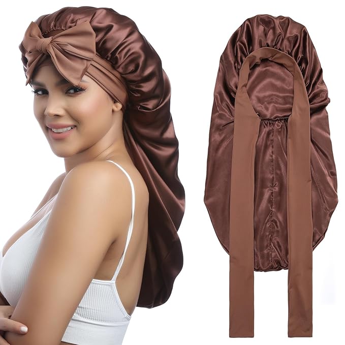 AWAYTR Long Satin Bonnet for Women - Double Layer Elastic Silk Bonnet for Braids Hair Sleeping Cap with Tie Band (Brown)