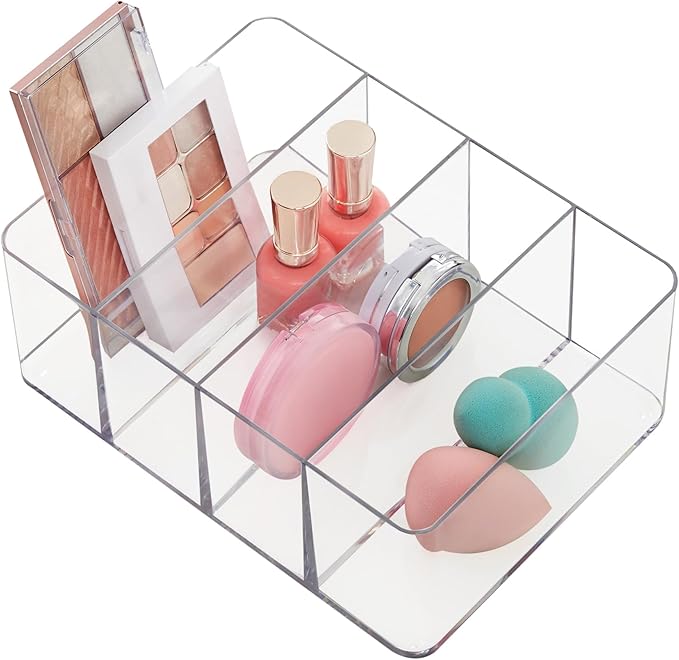 STORi 4-Compartment Clear Plastic Organizer, Rectangular Divided Makeup and Vanity Storage Bin, Use Upright for Eyeshadow Palettes, Made in USA