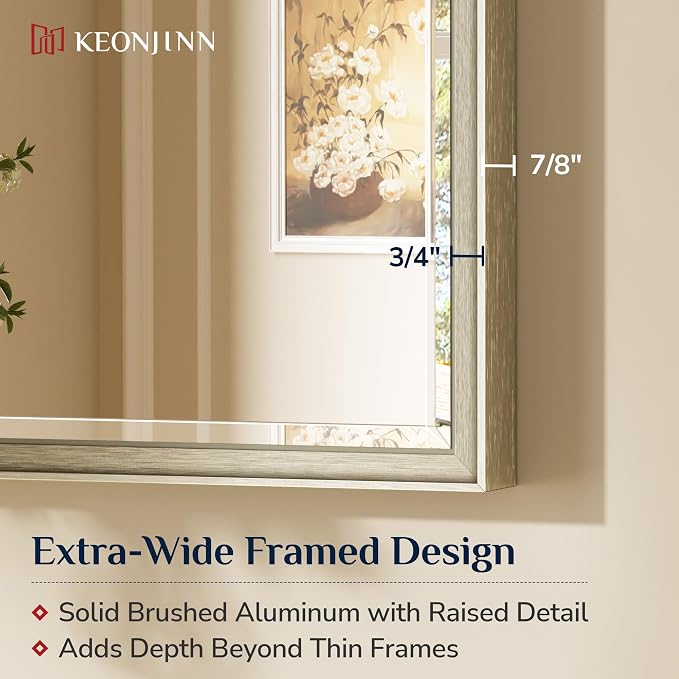 Keonjinn 40" x 30" Brushed Nickel Bathroom Vanity Mirror, Beveled Tempered Glass