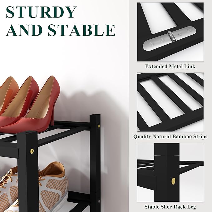 Smiry Long Bamboo Shoe Rack, 4 Tier Free Standing Wooden Shoe Organizer, Stackable Wood Shoe Storage Shelf for Closet, Entryway, 12 Vertical Slats, 2+2 Stack Standard Legs, 33.7"x11"x26", Black
