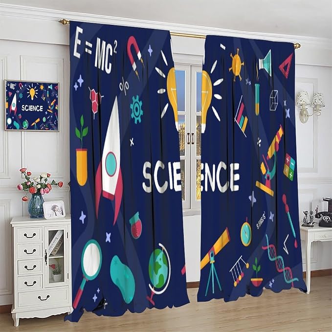 Science Symbols Kids Curtain Sketches Cartoon Chemistry Physics Geometry Education Pattern Print Window Drapes for Bedroom Living Room Kitchen Decor,2 Panel Set,55x63 Inch Blackout