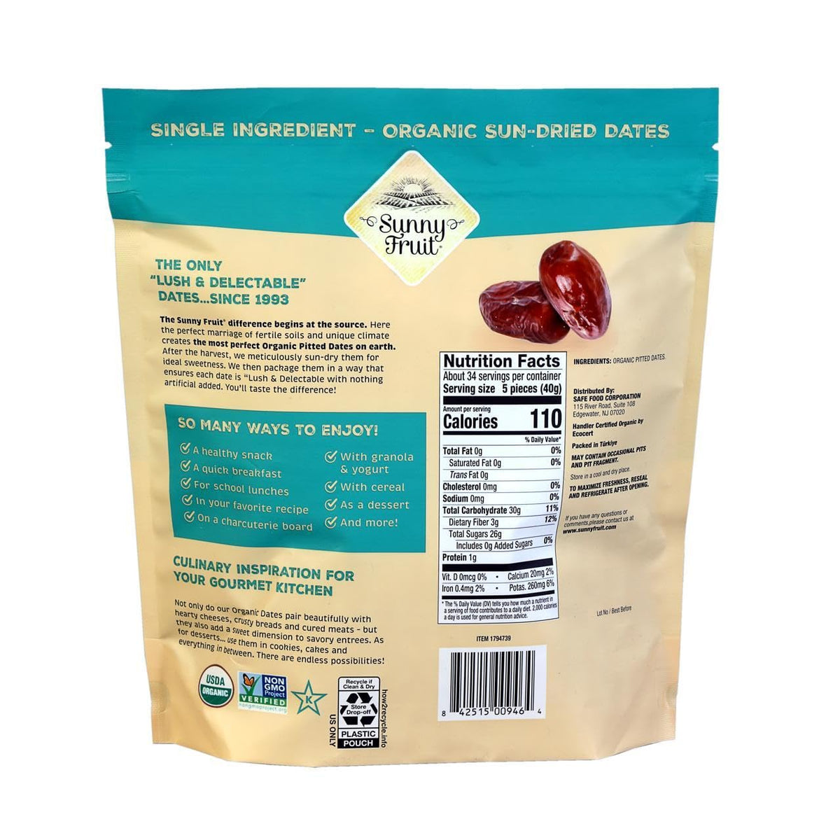 ORGANIC Pitted Dates (Deglet Nour) - Sunny Fruit 48oz Bulk Bag (3 lbs) | NO Added Sugars, Sulfurs or Preservatives | NON-GMO, VEGAN, HALAL & KOSHER