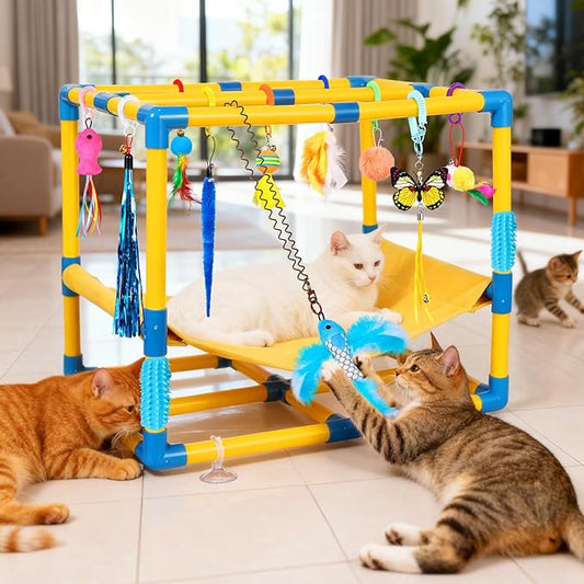 Cat Jungle Gym With Hanging Interactive Toys,Hammock Cat Activity Center For Kittens With Cat Self Groomer,Removable PVC Frame With Colored Spring Rope, Cat Enrichment Toys For Bored Indoor Adult Cats