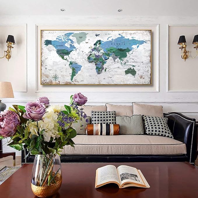 Framed Wall Art World Map Wall Art Canvas Picture 20inchx40inch Large Blue Map