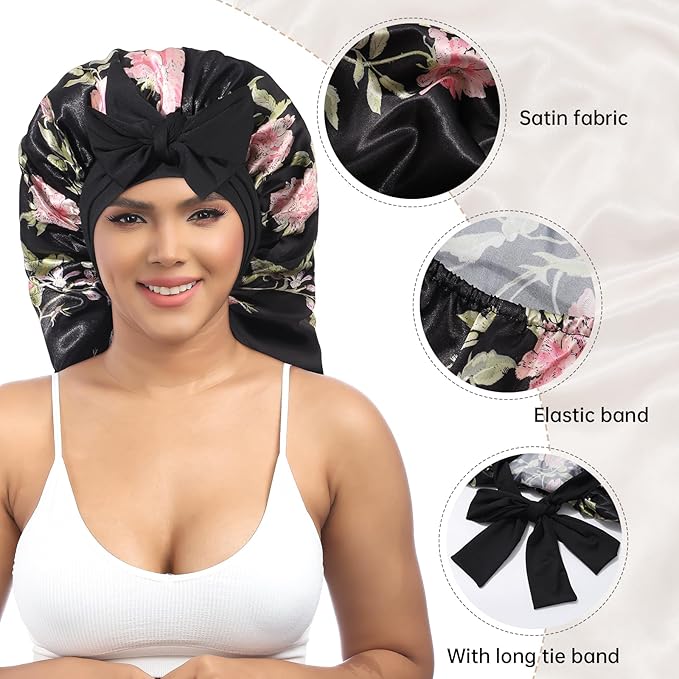 AWAYTR Long Satin Bonnet for Braids - Elastic Silk Hair Bonnets for Sleeping Night Cap Stretchy Tie Band for Women(Wild Rose)
