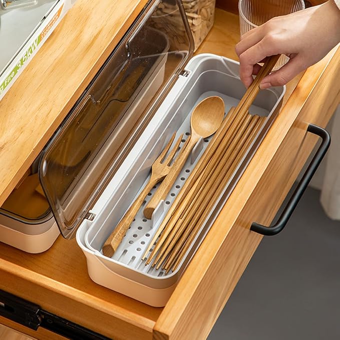 Plastic Kitchen Drawer Organizer with Lid and Drainer Stackable Utensil Holder for Countertop Silverware Tray Flatware Organizers - 13x4.7x2.4 Inch Spatula Cutlery Storage Box