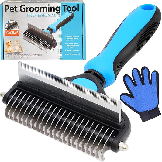 Dog Brush for Shedding 2-in-1 with Grooming Glove - Undercoat Rake & Shedding Tool for Long/Short Hair Dogs, Flea Comb & Hair Removal Brush for Gentle Massage (L)
