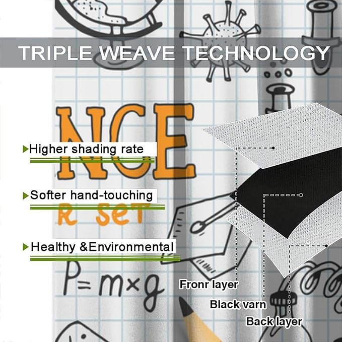 Science Symbols Kids Curtain Sketches Cartoon Chemistry Physics Geometry Education Pattern Print Window Drapes for Bedroom Living Room Kitchen Decor,2 Panel Set,84x84 Inch Blackout
