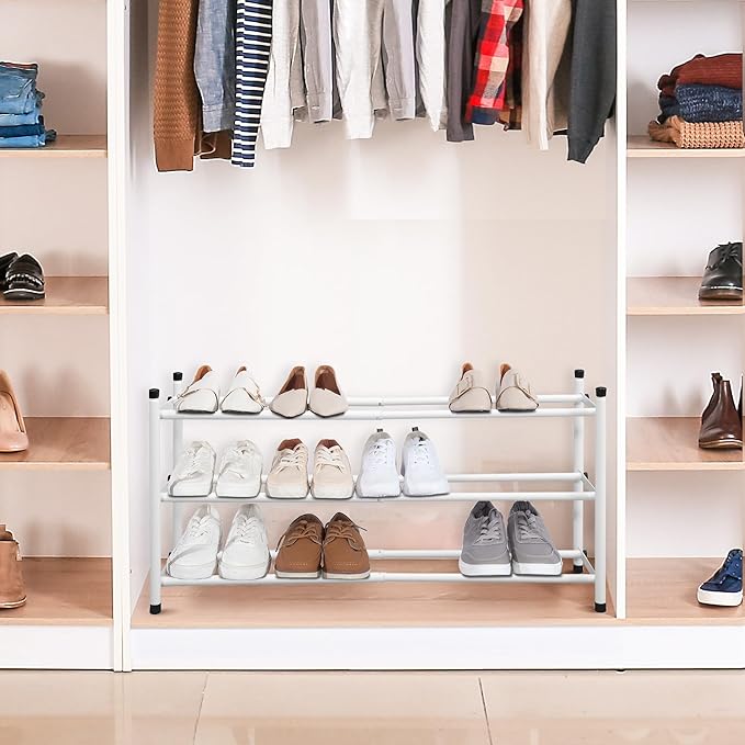 STORAGE MANIAC Expandable Shoe Rack, 12 Pairs Stackable Small Shoe Rack, Metal Adjustable Shoes Organizer for Closet, Entryway, Hallway, Garage, Front Door, Shoes Shelves, White 3 Tier