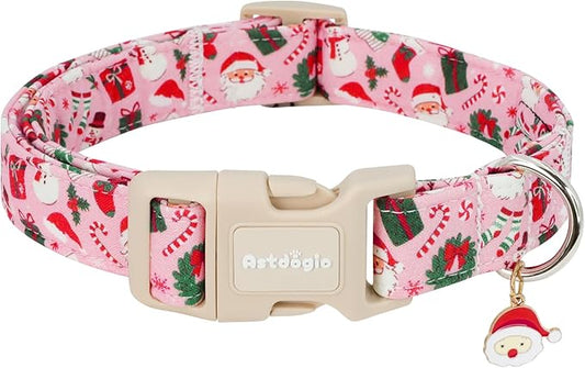 Pink Christmas Dog Collar, Adjustable Cotton Dog Collars with Santa & Snowman Patterrn, Holiday Dog Collars for Small Dogs, Cute Winter Collar for Girl Boy Dogs-S