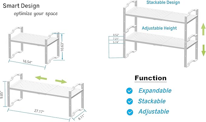 Jojocross Expandable Shelf for Cabinet Organizer Adjustable Stackable Spice Rack at Kitchen and Bathroom More,2 Packs/White, Medium