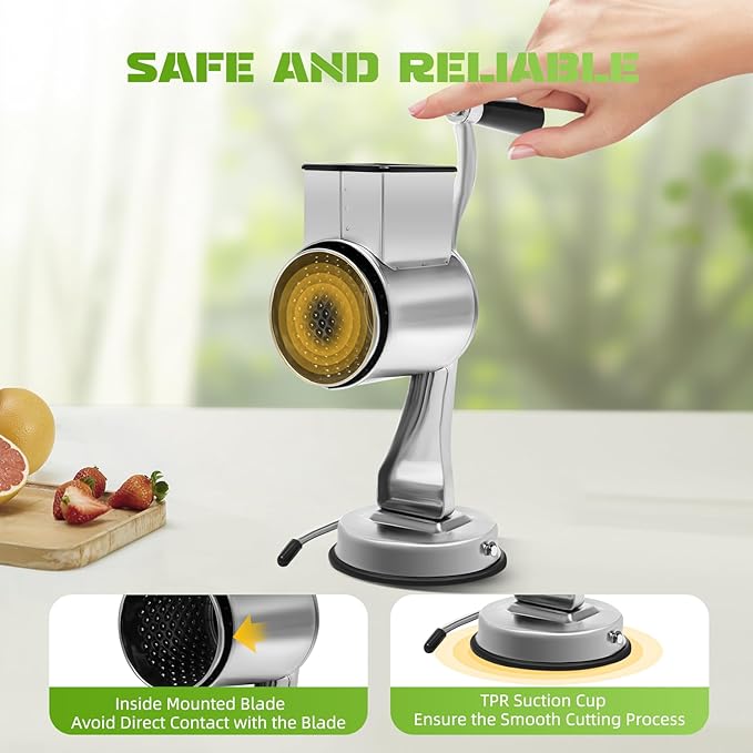 5-in-1 Stainless Steel Rotary Cheese Grater & Vegetable Slicer with 5 Interchangeable Blades, Countertop Cheese Grater Manual Kitchen Shredder Round Food Chopper for Fruit, Vegetables, Nuts and More