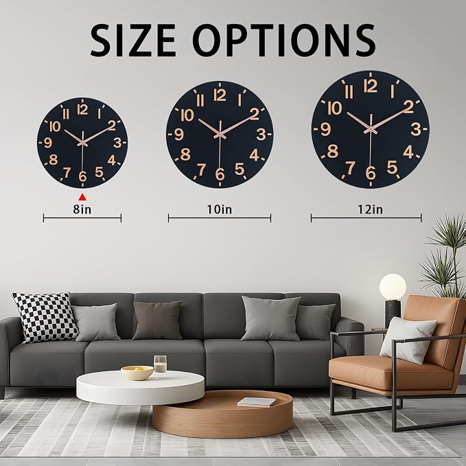 HZDHCLH Wall Clock 8 Inch Silent Non Ticking Wood Battery Operated Black Wooden