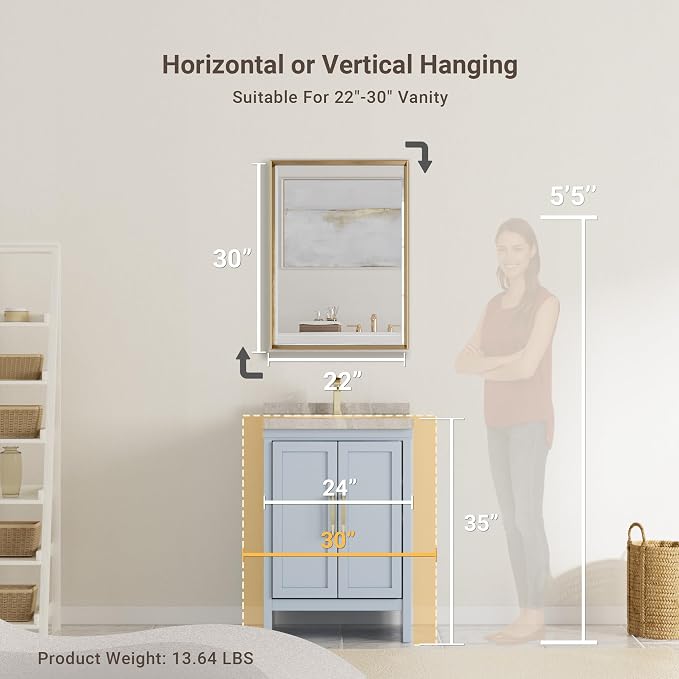 Gold Bathroom Mirror, 22x30 Brushed Gold Bathroom Mirror Beveled Edge,