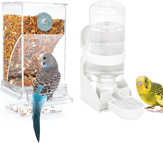 Rypet No Mess Bird Water Feeder Dispenser Set Automatic Bird Feeder Transparent Food Container Cage Acrylic Parrot Feeders Accessories for Small Birds Parrot Cockatoo Canary