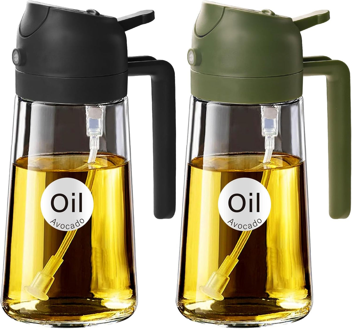 YARRAMATE 16oz/470ml Glass Olive Oil Sprayer for Cooking with Stickers, 2 in 1 Oil Dispenser for Kitchen Gadgets, Food Grade Premium Spray Bottle with Portion Control for Salad, Frying, BBQ (Black)