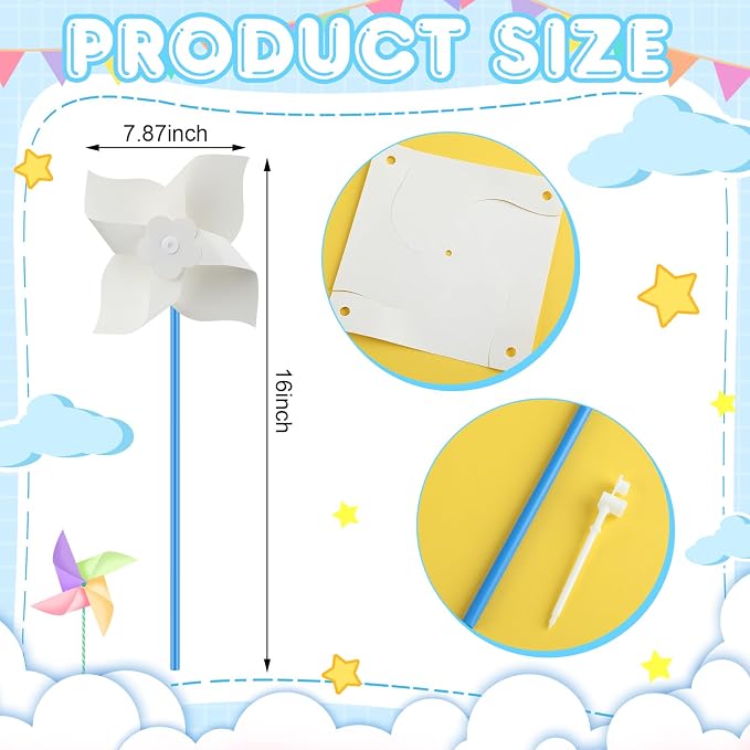 Poen 48 Pcs DIY Pinwheels for Kids Bulk, Blank White Paper Craft 5 in | Color Your Own Windmills Activity, Patriotic Summer Party Favors for Kids, VBS Sunday School Classroom Art Project Supplies