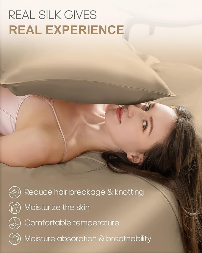 THXSILK Set of 2 Silk Pillowcase for Hair and Skin, 100% Mulberry Silk Bed Pillowcase 22 Momme, Hypoallergenic Soft Breathable Silk Pillow Case with Hidden Zipper, King Size 20"x36", Taupe