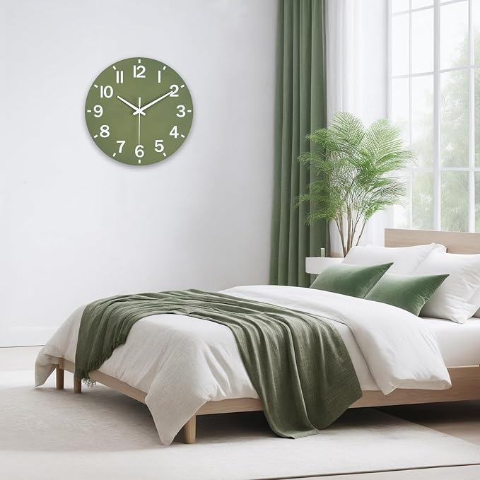 HZDHCLH Wall Clock 10 Inch Silent Non Ticking Wood Battery Operated Green