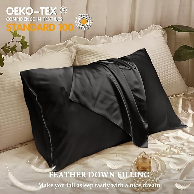 BHZ Satin Goose Down Feather Pillows King Size Set of 2 with Black Satin Pillowcase for Hair and Skin, Cooling Pillow Cases Similar to Silk Pillow Cases, Decorative for Women, Mom Men