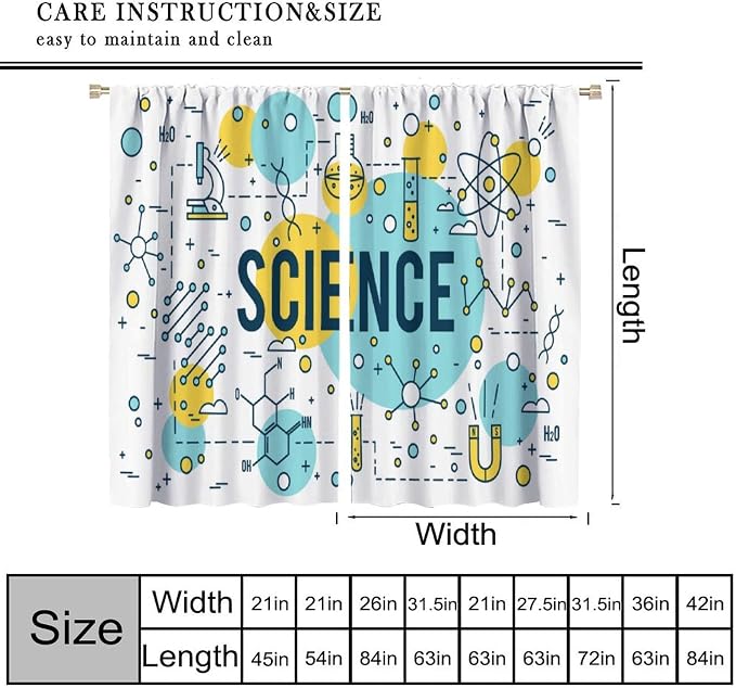 Science Window Curtains, Chemistry Chemical Science Pharmacy Research Room Darkening Door Window Rod Pocket Curtain for Girls Boys Kids Bedroom Study Room Classroom Set 2 Panels,42x45 Inches, Style-5