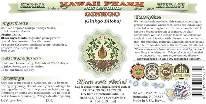 Ginkgo Alcohol-Free Liquid Extract, Organic Ginkgo (Ginkgo Biloba) Dried Leaf Glycerite Hawaii Pharm Natural Herbal Supplement 32 oz Unfiltered