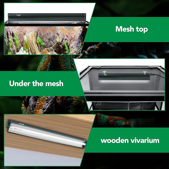 T5 Reptile Light Fixture Green Combo Kit 24W Light Fixture Reptile Terrarium Hood 10.0 UVB Light Bulb Fluorescent Tube Ideal for Tropical and Deserts Such as Bearded Dragon Lizards and Tortoises