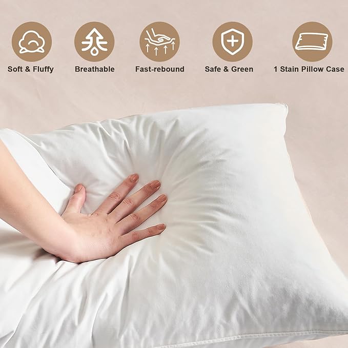 BHZ Satin Goose Down Feather Pillows Standard Size with White Satin Pillowcase for Hair and Skin, Cooling Pillow Cases Similar to Silk Pillow Cases, Decorative for Women, Mom Men