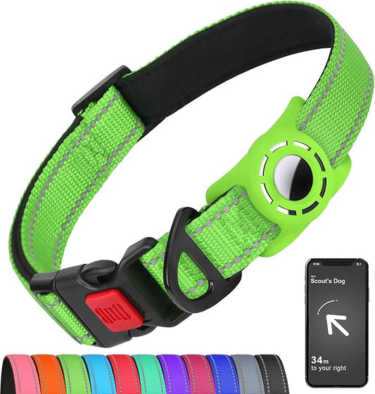 Airtag Dog Collar with AirTag Holder for Small Dogs, Reflective, Soft Padded & Safety Locking Buckle, Nylon Pet Collars Adjustable for All Breeds, Green,S