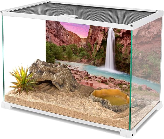 AWERT 72x24 inches Reptile Habitat Background Sunset Mountain Waterfall Terrarium Background Durable Polyester Background