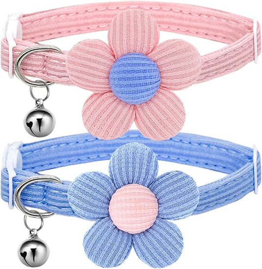 Cat Collar, HANSHILAI Kitten Collar with Bells, Cute Cat Collar Breakaway for Girl Boy with Flower,Collar para Gatos (2 Pack) (Blue & Pink)