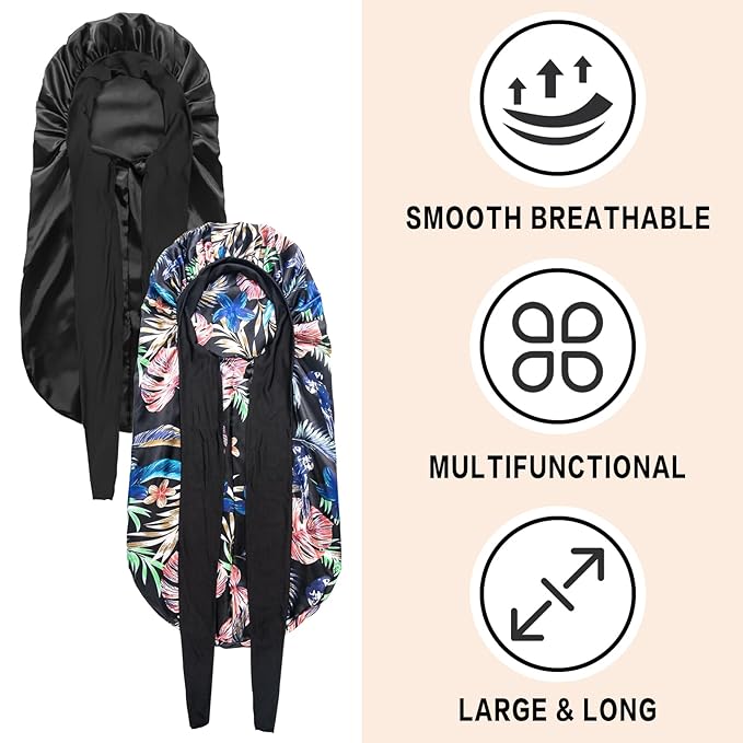 2Pcs Bonnets for Black Women Braid Bonnet, Large Long Satin Bonnet for Braids, Silk Bonnet with Stretchy Tie Band Sleep Cap Hair (2Pcs-Black&Black Pattern)