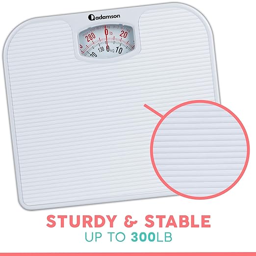 Adamson A21 Analog Scales for Body Weight - Up to 300 LB - New - Anti-Skid Rubber Surface + Large Numbers - Analog Bathroom Scale - Affordable - Durable with 20-Year Assurance