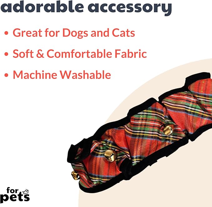 Huxley & Kent Ruff Pet Scrunchy | Shiny Christmas Plaid (Small) | Festive Christmas/Holiday Neckwear for Dogs/Cats | Fun Stretchable Costume Accessory | Soft Collar with Bells