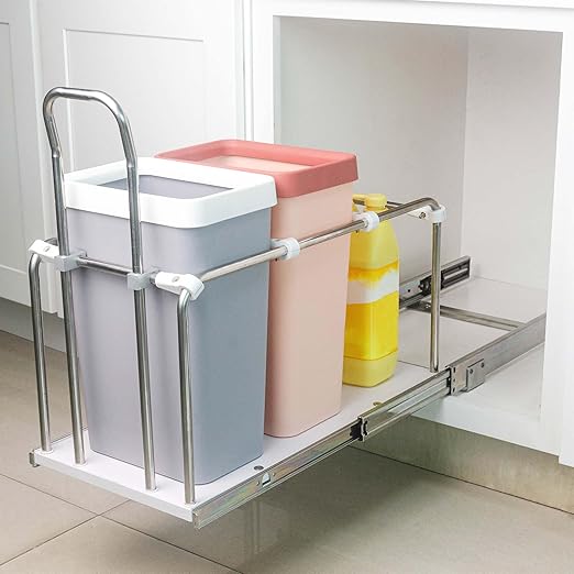 Slide Out Trash Can Holder Under Kitchen Cabinet, Heavy Duty Pullout Waste Container with 3 Adjustable Compartments for Waste & Recyclables, Wooden Base with Soft Close Slides, 17" Wide