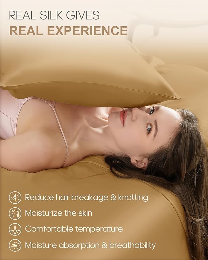 THXSILK 100% Pure Mulberry Silk Pillowcase for Hair and Skin, 22 Momme Zipper Silk Pillow Case, Real Silk Pillowcase with Zipper (Metallic Gold, California King Size 20"x40")