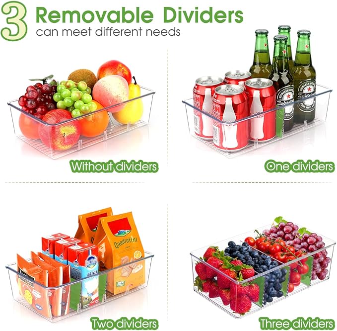Clear Pantry Snack Organizer Bins with Dividers, 4 Pack