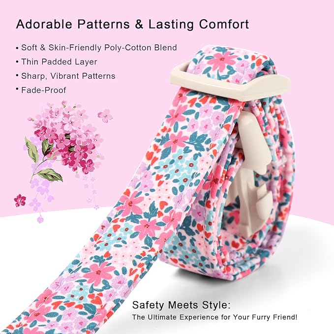 Floral Dog Collar, Cute Girl Dog Collars - Pastel Wildflowers Pattern Spring Summer Puppy Collar, Adjustable Female Dog Collars for Small Medium Large Dogs XS