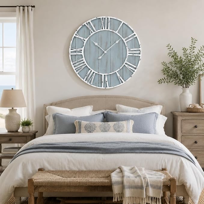 Quelay 30 Inch Coastal Wall Clock, Quiet Ticking Battery Operated, Rustic Retro