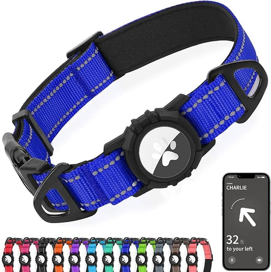 Joytale Airtag Dog Collar, Reflective Pet Collar with Waterproof AirTag Holder, Dual D-Rings, Soft Padded Adjustable for Small Dogs, Navy Blue, S