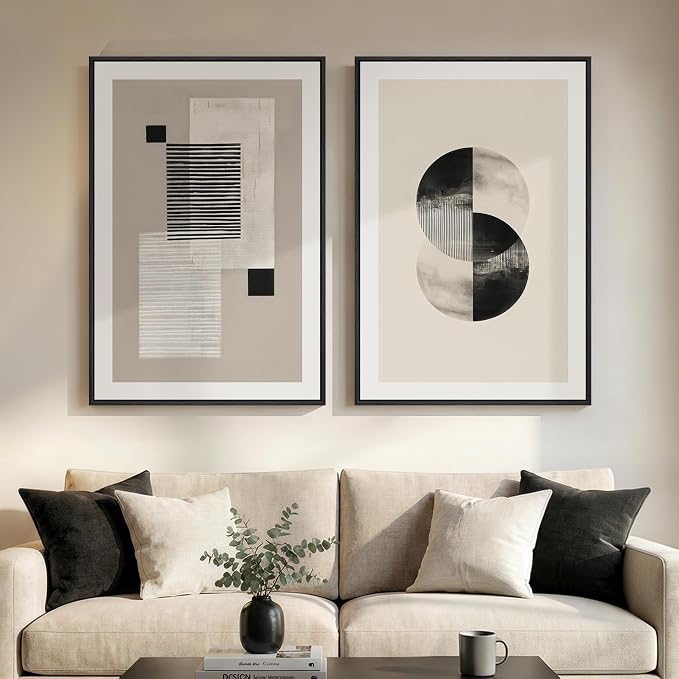 Large Framed Black and White Neutral Abstract Wall Art