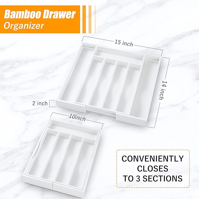 Bellsal White Silverware Organizer Kitchen Drawer Organizer Expandable Bamboo Utensil Holder Cutlery Tray for Kitchen Utensil and Flatware Bedroom Office