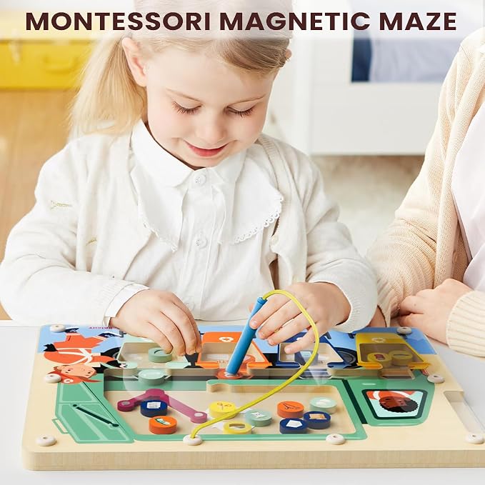 TOP BRIGHT Magnetic Garbage Sorting Maze Toy, Montessori Toy for Kids 2-5 | Wooden trash recycling game, Develop fine motor, STEM toy, Portable travel toy, Screen-free, Garbage truck toy gift