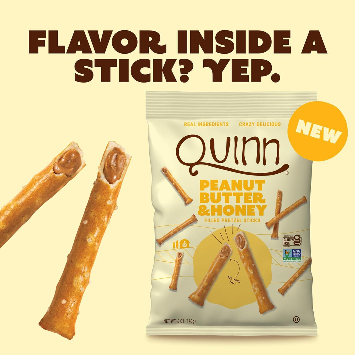 Quinn Snacks Peanut Butter & Honey Filled Pretzel Sticks - Gluten Free Snack, Sweet & Salty, Made with Real Natural Ingredients, Peanuts, Sorghum, & Root Vegetables, Dairy Free - 6 oz (Pack of 1)