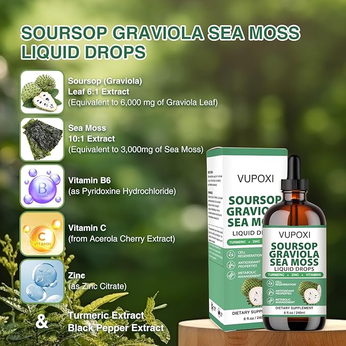 Soursop Multivitamin Liquid Drops Cell Support & Regeneration, Immune Boost,Dietary Fiber and Sleep, Organic Soursop Extract-Sugar Free, Non-GMO, 100% Vegan, Gluten-Free-8 Fl Oz/240 ML